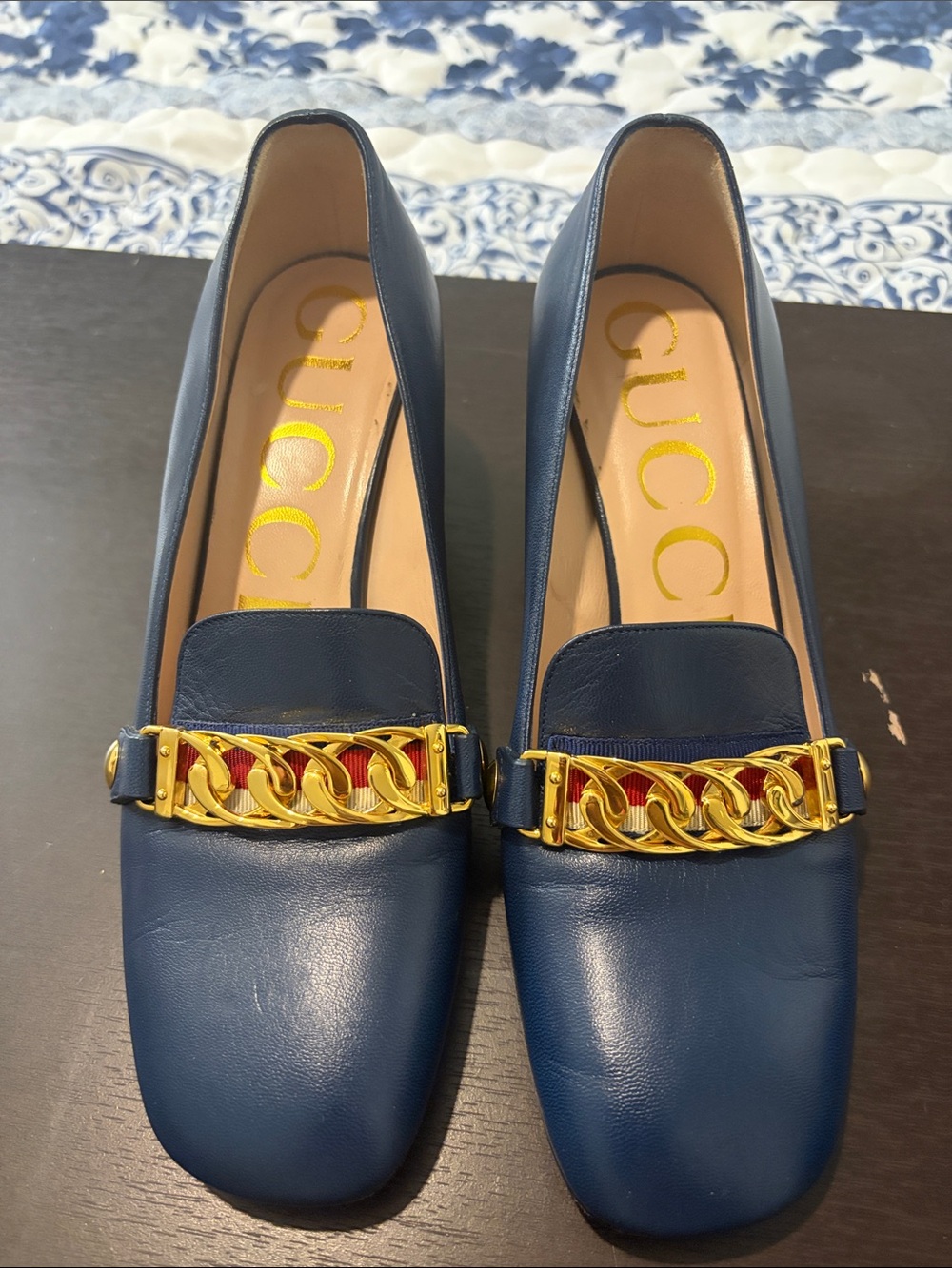 Gucci Navy Leather Loafers with Gold Chain Accent